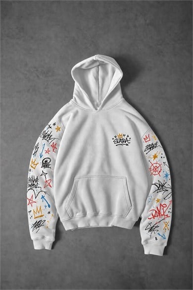 Erkek Beyaz Sking Kol Detay Oversize Hoodie