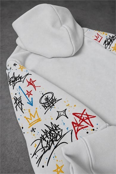 Erkek Beyaz Sking Kol Detay Oversize Hoodie