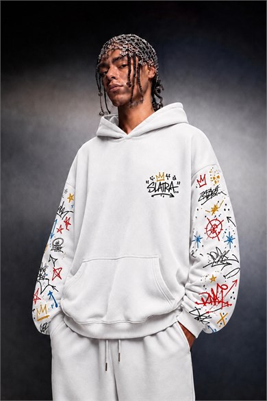Erkek Beyaz Sking Kol Detay Oversize Hoodie