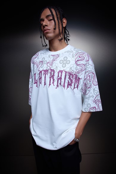 Erkek Beyaz Slatraism Kabartma Baskılı Oversize Tshirt