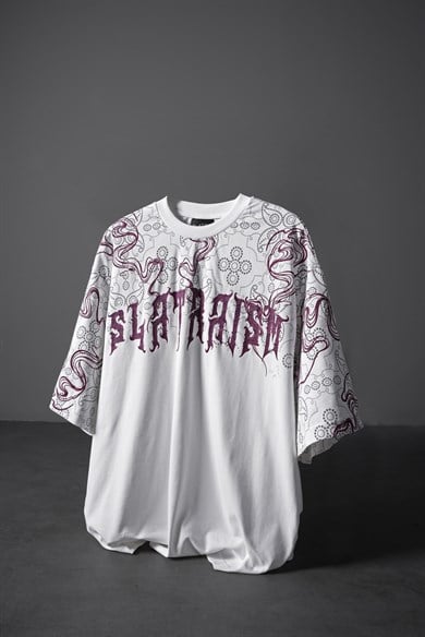 Erkek Beyaz Slatraism Kabartma Baskılı Oversize Tshirt