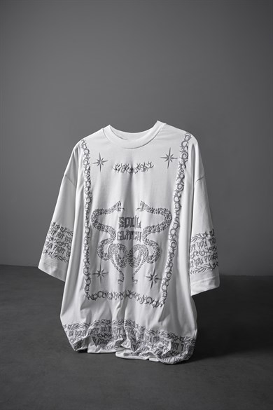 Erkek Beyaz Soul Glitch Kabartma Baskılı Oversize Tshirt