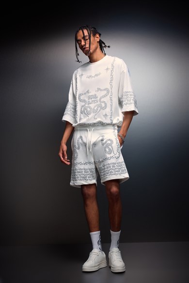 Erkek Beyaz Soul Glitch Kabartma Baskılı Oversize Tshirt