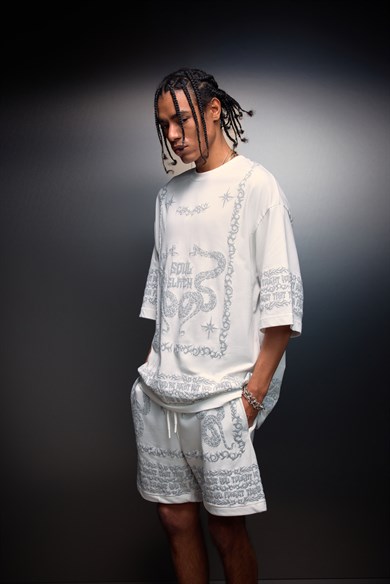 Erkek Beyaz Soul Glitch Kabartma Baskılı Oversize Tshirt