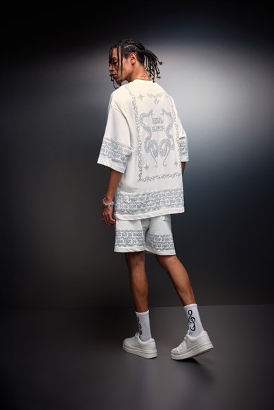 Erkek Beyaz Soul Glitch Kabartma Baskılı Oversize Tshirt