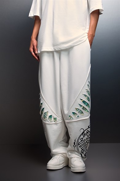 Erkek Beyaz Spine Efektli Baskılı Baggy Eşofman
