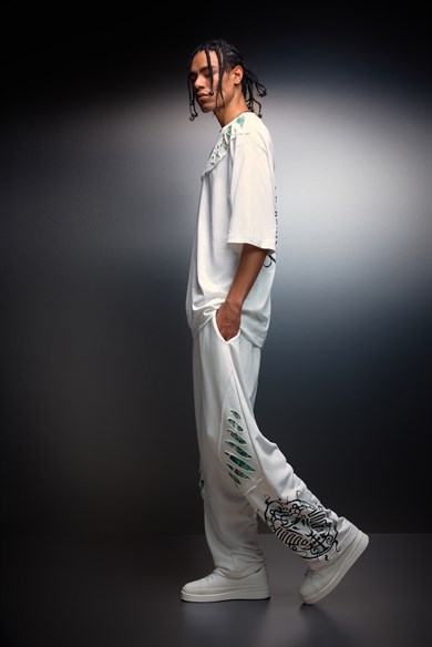 Erkek Beyaz Spine Efektli Baskılı Baggy Eşofman