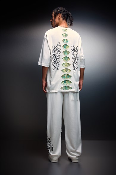 Erkek Beyaz Spine Efektli Baskılı Baggy Eşofman