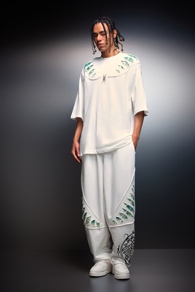Erkek Beyaz Spine Efektli Baskılı Baggy Eşofman