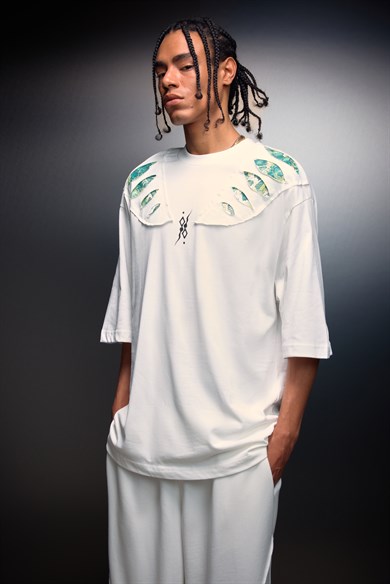 Erkek Beyaz Spine Efektli Baskılı Oversize Tshirt