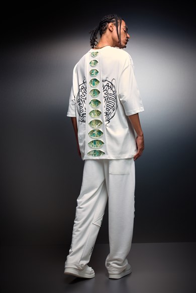 Erkek Beyaz Spine Efektli Baskılı Oversize Tshirt
