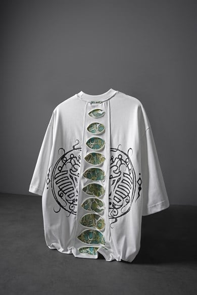 Erkek Beyaz Spine Efektli Baskılı Oversize Tshirt