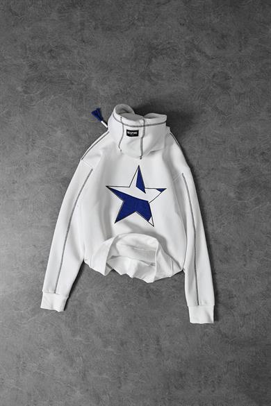 Erkek Beyaz Starry Night Nakışlı Kapüşonlu Oversize Sweatshirt