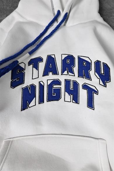 Erkek Beyaz Starry Night Nakışlı Kapüşonlu Oversize Sweatshirt
