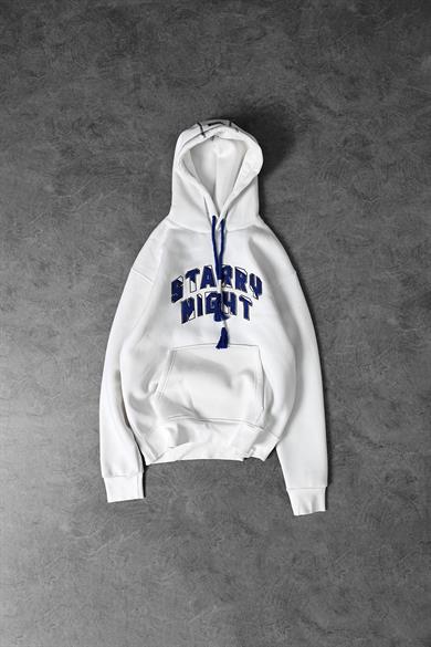 Erkek Beyaz Starry Night Nakışlı Kapüşonlu Oversize Sweatshirt