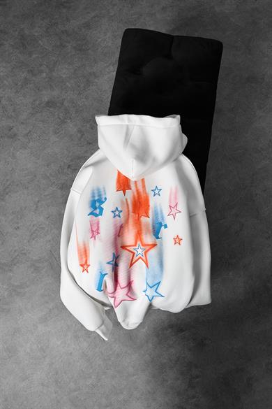 Erkek Beyaz Stars Kabartma Baskı Kapüşonlu Oversize Sweatshirt