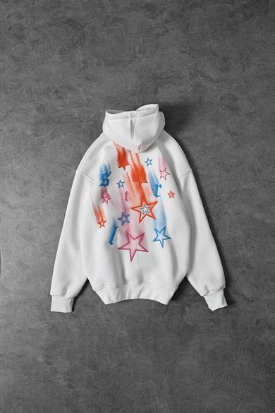 Erkek Beyaz Stars Kabartma Baskı Kapüşonlu Oversize Sweatshirt