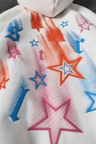 Erkek Beyaz Stars Kabartma Baskı Kapüşonlu Oversize Sweatshirt