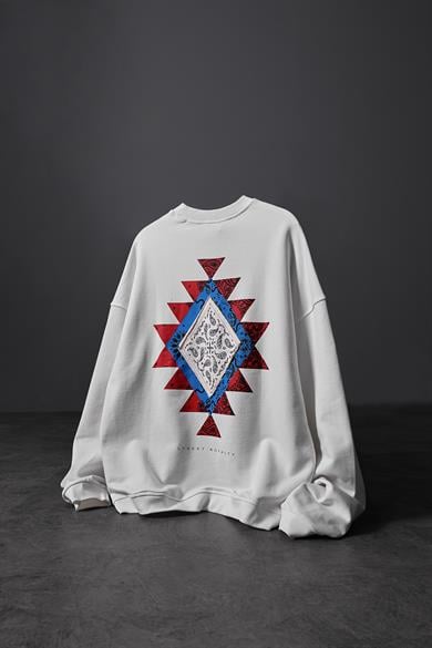 Erkek Beyaz Street Royalty Baskılı  Oversize Sweatshirt