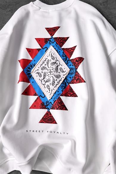 Erkek Beyaz Street Royalty Baskılı  Oversize Sweatshirt