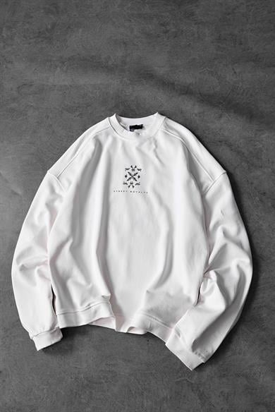 Erkek Beyaz Street Royalty Baskılı  Oversize Sweatshirt