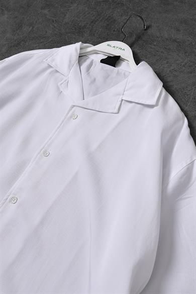 Erkek Beyaz Tensel Kumaş Oversize Kısa Kollu Gömlek