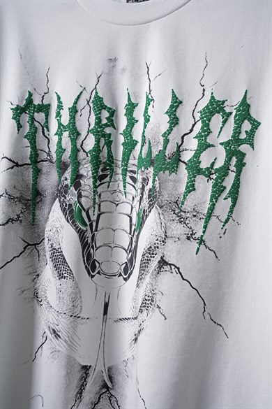 Erkek Beyaz Thriller Kabartma Baskılı Box Fit Tshirt
