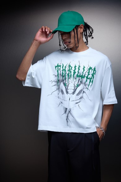 Erkek Beyaz Thriller Kabartma Baskılı Box Fit Tshirt