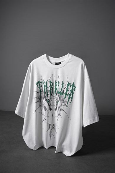 Erkek Beyaz Thriller Kabartma Baskılı Box Fit Tshirt