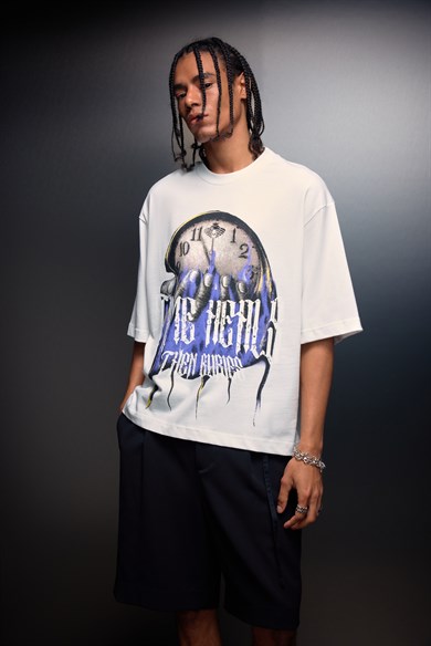 Erkek Beyaz Time Heals Baskılı Oversize Tshirt