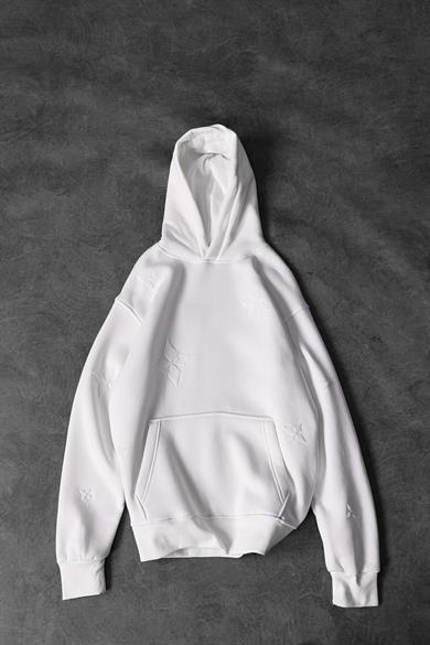 Erkek Beyaz Tona Ton Nakışlı Oversize Kapüşonlu Sweatshirt