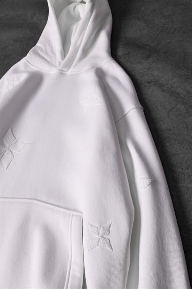 Erkek Beyaz Tona Ton Nakışlı Oversize Kapüşonlu Sweatshirt