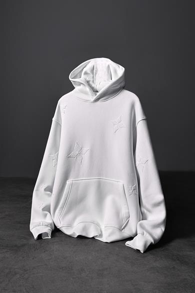 Erkek Beyaz Tona Ton Nakışlı Oversize Kapüşonlu Sweatshirt