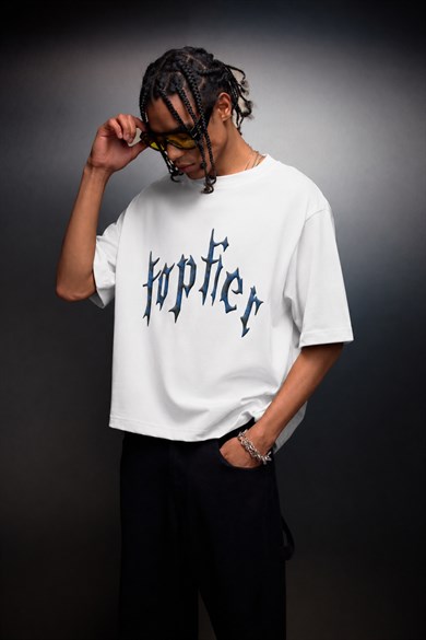 Erkek Beyaz Toptier Reflektör Baskı Box Fit Tshirt