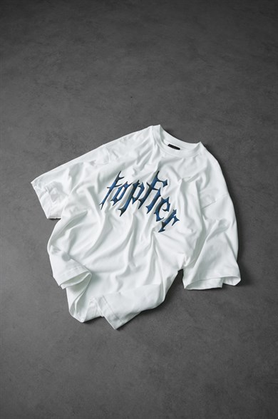 Erkek Beyaz Toptier Reflektör Baskı Box Fit Tshirt