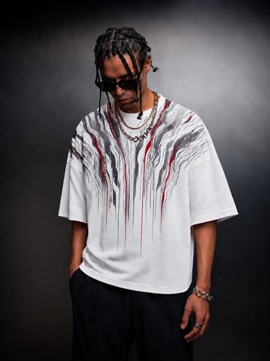 Erkek Beyaz Vein Baskılı Oversize Tshirt