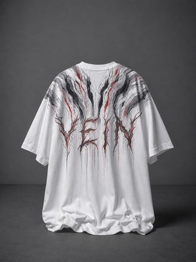 Erkek Beyaz Vein Baskılı Oversize Tshirt