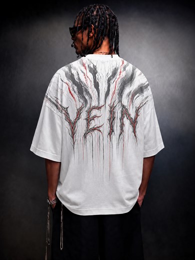 Erkek Beyaz Vein Baskılı Oversize Tshirt