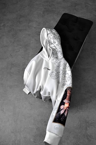 Erkek Beyaz Victories Kol Patch Kapüşonlu Oversize Sweatshirt