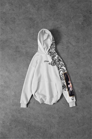 Erkek Beyaz Victories Kol Patch Oversize Hoodie