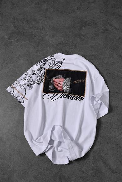 Erkek Beyaz Victories Patch Nakışlı Oversize Tshirt