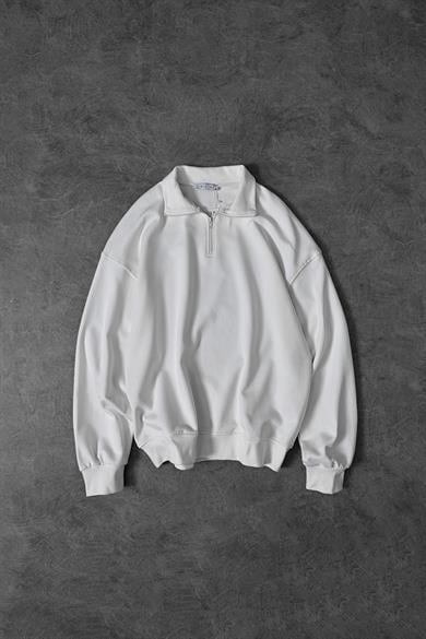 Erkek Beyaz Yarım Fermuar Diagonel Kumaş Oversize Sweatshirt