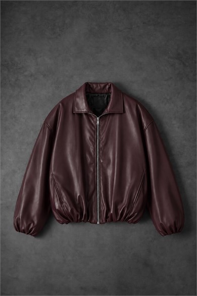 Erkek Bordo Ballon Fit Deri Ceket