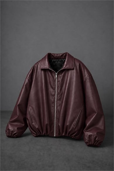 Erkek Bordo Ballon Fit Deri Ceket