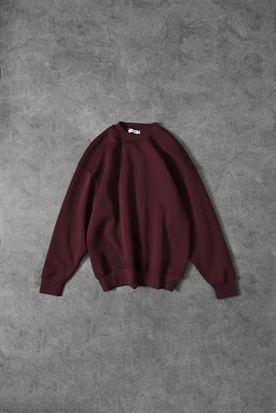 Erkek Bordo Basic Bisiklet Yaka Oversize Sweatshirt