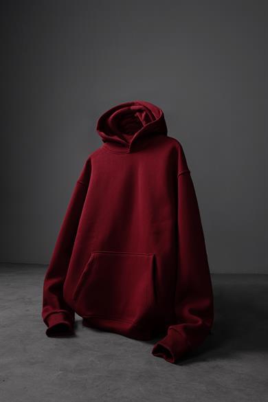 Erkek Bordo Basic Kapüşonlu Oversize Sweatshirt