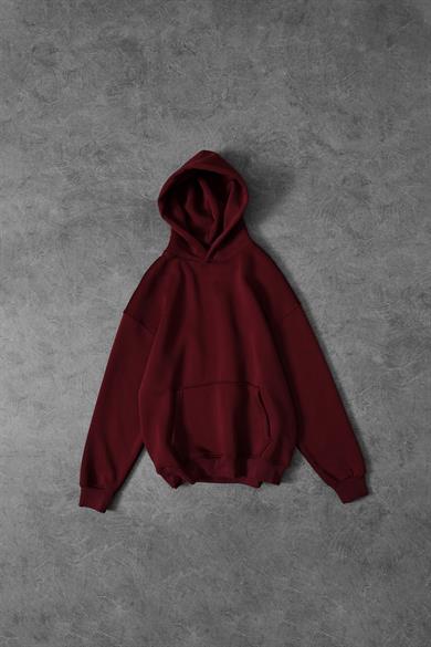Erkek Bordo Basic Kapüşonlu Oversize Sweatshirt