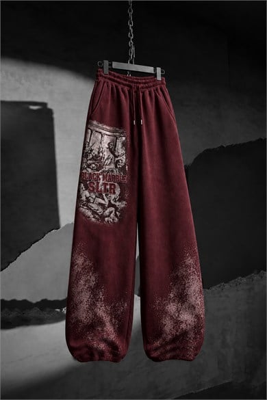 Erkek Bordo Black Marble Özel Yıkamalı Baggy Eşofman