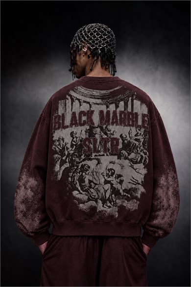 Erkek Bordo Black Marble Özel Yıkamalı Oversize Sweatshirt