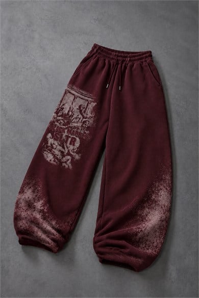 Erkek Bordo Black Marble Özel Yıkamalı Baggy Eşofman